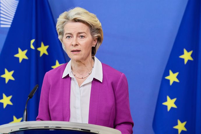 HANDOUT - 18 October 2021, Belgium, Brussels: European Commission President Ursula Von der Leyen speaks during a press conference on COVID-19 vaccines at EU headquarters. Photo: Dati Bendo/European Commission/dpa - ATTENTION: editorial use only and only