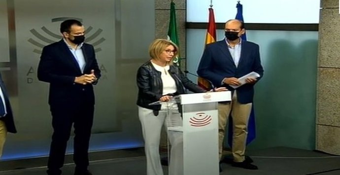 Los portavoces parlamentarios de PP y Ciudadanos, Cristina Teniente y David Salazar, respectivamente, en rueda de prensa junto a Luis Alfonso Hernández Carrón y José María Casares para presentar la enmienda de totalidad conjunta a los PGEx 2022