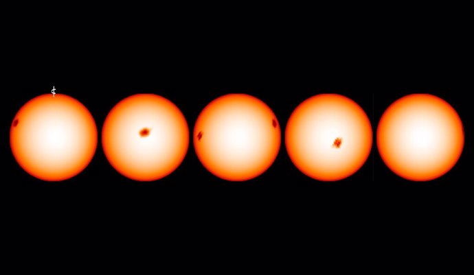 Superficie reconstruida de la estrella manchada Epsilon Eridani con cada panel que muestra que la estrella avanzó una quinta parte de su rotación.