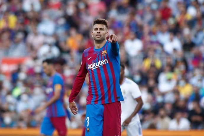 Gerard Pique of FC Barcelona gestures during the spanish league, La Liga Santander, football match played between FC Barcelona and Real Madrid at Camp Nou stadium on October 24, 2021, in Barcelona, Spain.