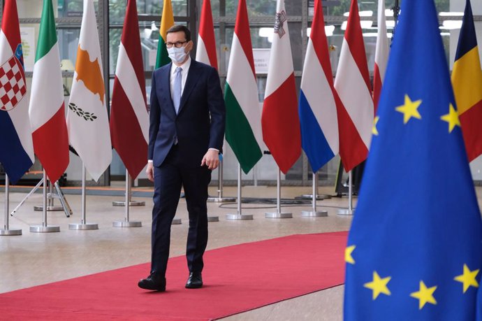 HANDOUT - 21 October 2021, Belgium, Brussels: Poland's Prime Minister Mateusz Morawiecki arrives for the first day of a European Union summit at The European Council. Photo: Alexandros Michailidis/European Council/dpa - ATTENTION: editorial use only and