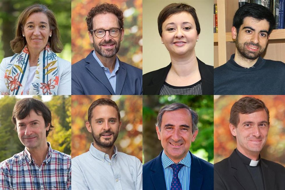 Investigadores que realizan los proyectos financiados. Arriba (I-D): Julia Pavón, Albert Recasens, María José de la Torre Molina, Dámaso Izquierdo; abajo (I-D): Luis Alberiko Gil-Alaña, Raúl Bajo Buenestado, Jaume Aurell y Álvaro Fernández de Córdova.
