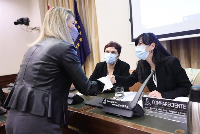 La secretaria primera de la Comisión de Presupuestos, Patricia Blanquer (i), y la presidenta de la Sociedad Estatal de Participaciones Industriales (SEPI), Belén Gualda González (d), saludan a su llegada a una Comisión de Presupuestos en el Congreso 