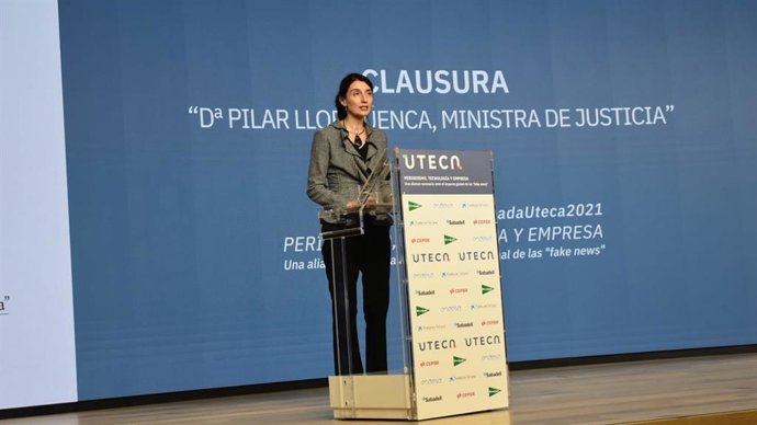 La ministra de Justicia, Pilar Llop, durante la clausura de la Jornada UTECA 'Periodismo, tecnología y empresa, una alianza necesaria ante el impacto global de las fake news'.