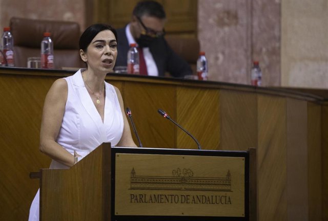 La portavoz parlamentaria de Ciudadanos, Teresa Pardo, este jueves en la segunda y última jornada del Debate sobre el estado de la Comunidad en el Parlamento de Andalucía. 