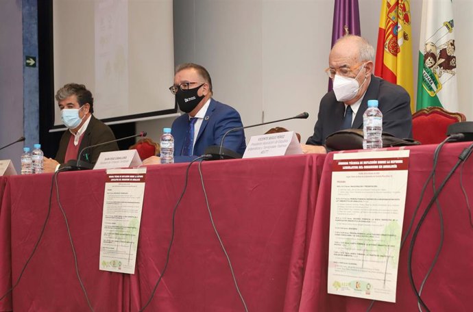 El delegado de Cohesión Territorial de la Diputación de Córdoba, Juan Díaz (centro), en la jornada sobre la reforma legislativa urbanística.