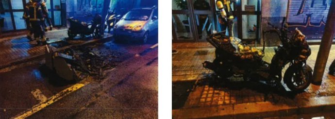 Imagen de la moto calcinada en un incendio provocado en el barrio de Sant Andreu de Barcelona