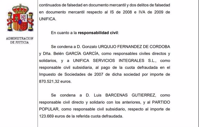 Sentencia De La Audiencia Nacional Al Completo En La Que Se Condena A Bárcenas Y Al Pp Como