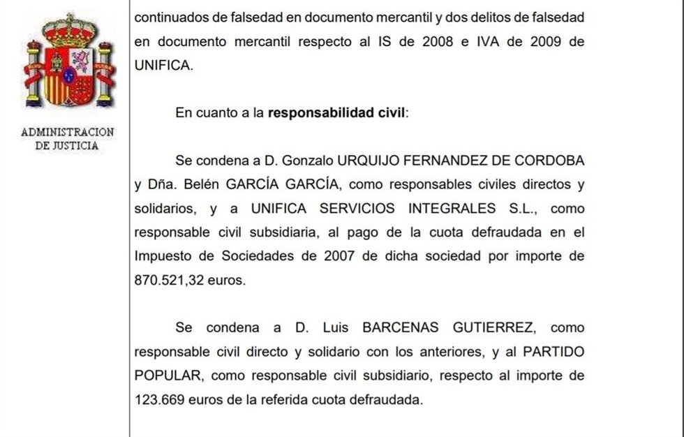 Extracto de la sentencia de la Audiencia Nacional en la que se condena a Bárcenas y al PP como responsable civil