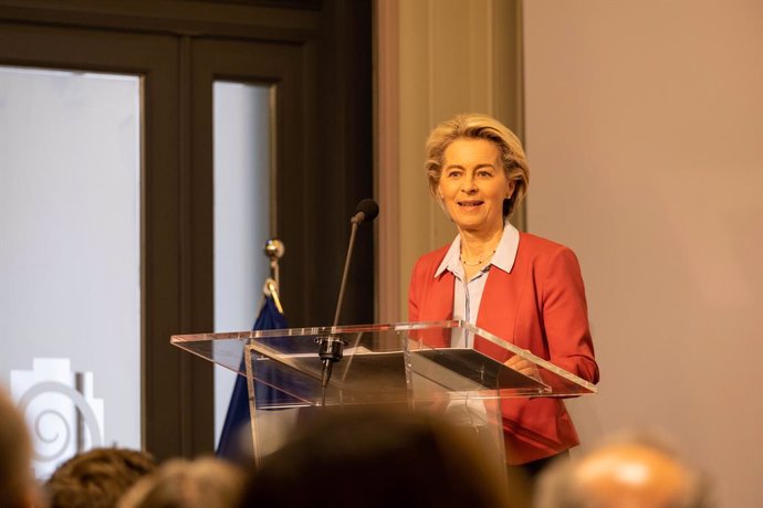 26 October 2021, Belgium, Brussels: European Commission President Ursula Von der Leyen spaks during the Belgian Biopharma Strategy conferenc. Photo: Hadrien Dure/BELGA/dpa