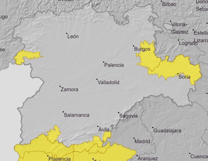 Mapa con provincias en riesgo por lluvias en Castilla y León.