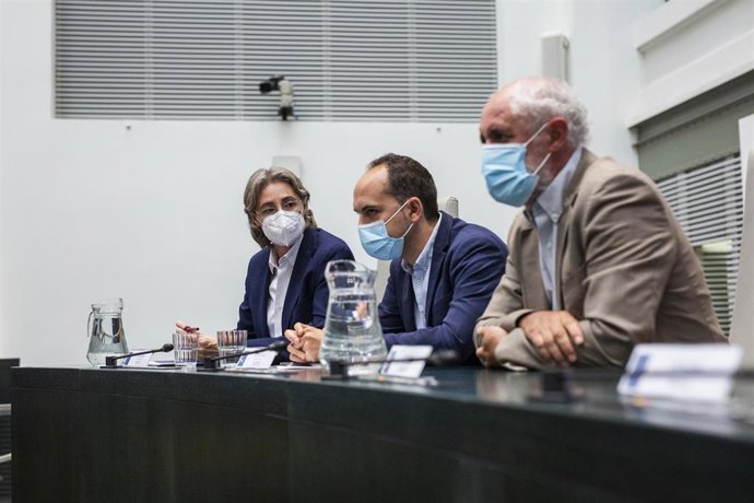 Archivo - (i-d) La portavoz de Recupera Madrid, Marta Higueras, el concejal de Recupera Madrid José Manuel Calvo y el concejal de la formación Luis Cueto durante una sesión extraordinaria y urgente en el Palacio de Cibeles 