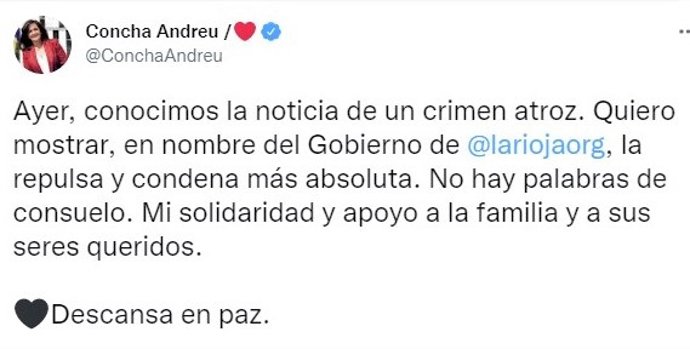 Concha Andreu muestra su "repulsa" y "condena" y la de Gobierno riojano por el asesinato del niño de 9 años en Lardero