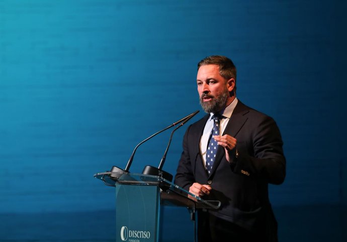 El presidente de Vox y de la Fundación Disenso, Santiago Abascal, participa en la presentación del documental 'Desenmascarando al Foro de So Paulo: una amenaza para la libertad en la Iberosfera', en el Palacio de Linares, Madrid (España). La Fundación 