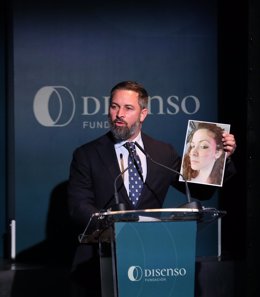 El presidente de Vox y de la Fundación Disenso, Santiago Abascal, en la presentación del documental 'Desenmascarando al Foro de So Paulo: una amenaza para la libertad en la Iberosfera'
