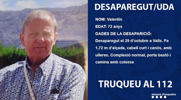 Imagen difundida por Mossos d'Esquadra para localizar a un hombre desaparecido en Valls (Tarragona)