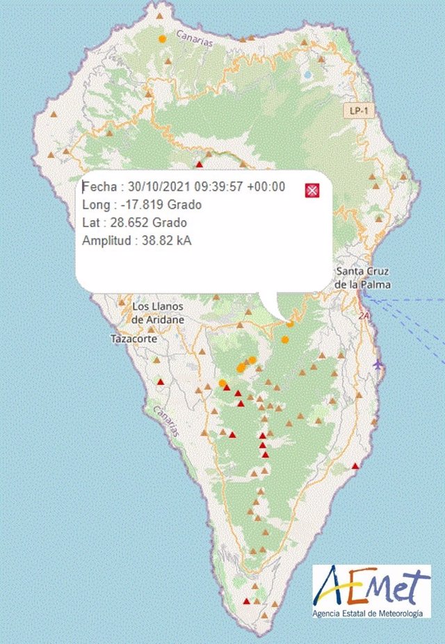 Location of volcanic rays on the island of La Palma