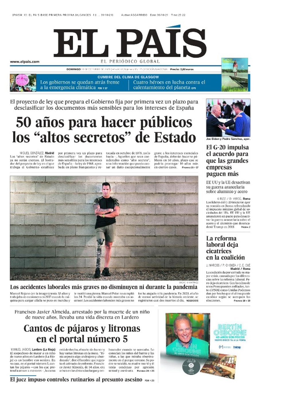 Portada de El País para el 31 de octubre.