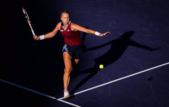 Anett Kontaveit of Estonia in action during the quarter-final at the 2021 BNP Paribas Open WTA 1000 tennis tournament against Ons Jabeur of Tunisia