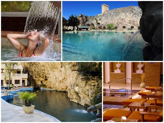De izquierda a dcha y de arriba a abajo: 1/ Balneario de Lanjarón.  2/ Balneario Alhama de Aragón. 3/ Balneario La Virgen. 4/ Hotel Blancafort Spa Termal