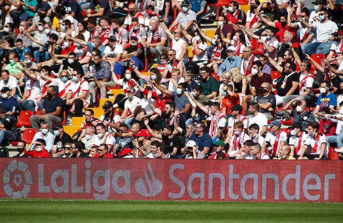Fans of Rayo Vallecano are seen during the spanish league, La Liga Santander, football match played between Rayo Vallecano and Elche CF at Campo de Futbol de Vallecas on October 17, 2021, in Madrid, Spain.