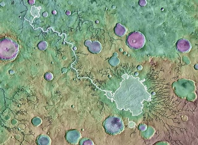 Loire Vallis (línea blanca) es un cañón de salida que se formó a partir del desbordamiento de un lago en la cuenca del Paraná (delineado en blanco).