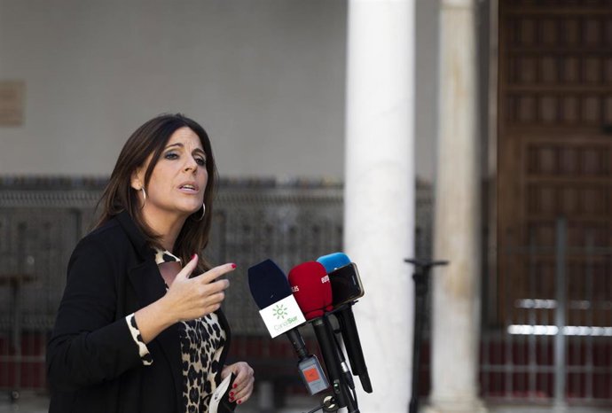 La portavoz del grupo parlamentario PSOE-A, Ángeles Férriz, atiende a los medios en el Parlamento en una foto de archivo.