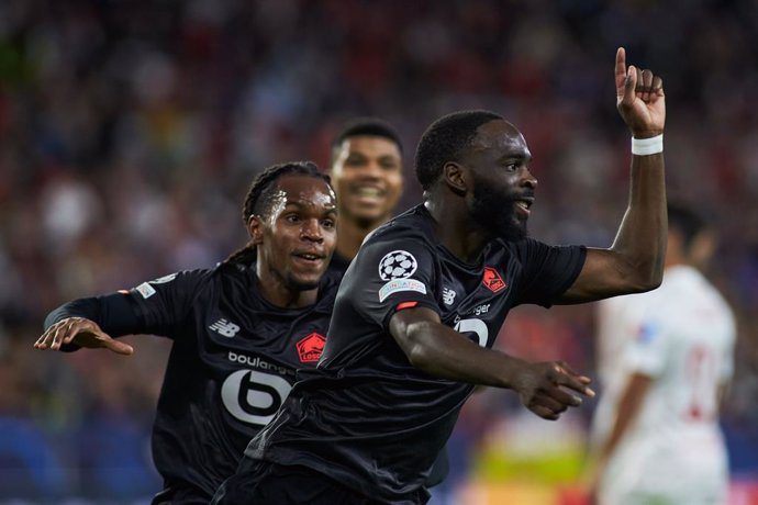 Jonathan Ikone of Lille OSC celebrates a goal during the UEFA Champions League, Group G, football match played between Sevilla FC and Lille OSC at Ramon Sanchez-Pizjuan stadium on November 2, 2021, in Sevilla, Spain.