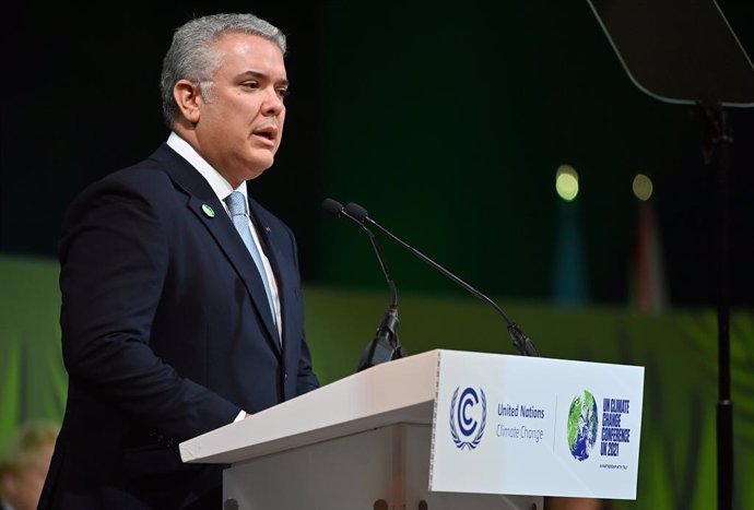 02 November 2021, United Kingdom, Glasgow: Colombia's President Ivan Duque speaks at the Leaders' Action on Forests and Land-use event during the UN Climate Change Conference (COP26) at the Scottish Event Campus (SEC). Photo: Paul Ellis/PA Wire/dpa