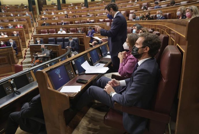 El líder del PP, Pablo Casado, en una sesión de control al Gobierno en el Congreso de los Diputados.