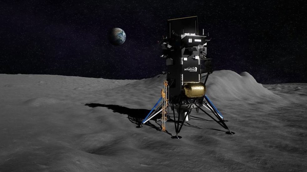 Ilustración del módulo de aterrizaje Nova-C de Intuitive Machines con una representación del Experimento 1 de minería de hielo de recursos polares de la NASA (PRIME-1) adjunto a la nave espacial en la superficie de la Luna.