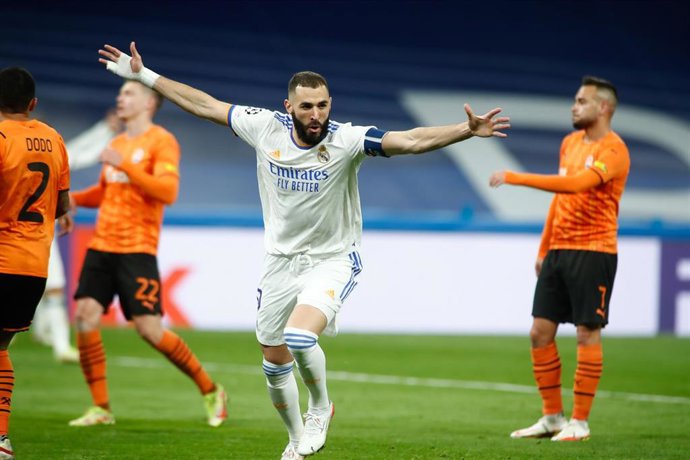 Karim Benzema of Real Madrid celebrates a goal during the UEFA Champions League, Group D, football match played between Real Madrid and Shakhtar Donetsk at Santiago Bernabeu stadium on November 03, 2021, in Madrid, Spain.
