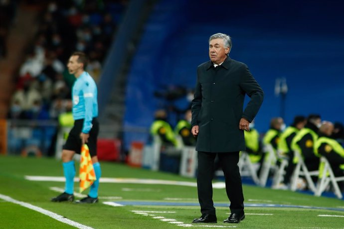 Carlo Ancelotti, coach of Real Madrid, gestures during the UEFA Champions League, Group D, football match played between Real Madrid and Shakhtar Donetsk at Santiago Bernabeu stadium on November 03, 2021, in Madrid, Spain.