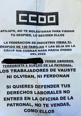 Panfleto acusatorio contra CCOO y un representante del sindicato en el Comité de Empresa de la antigua Vauste