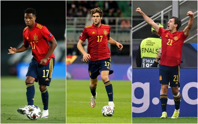 Ansu Fati, Marcos Alonso y Mikel Oyarzabal con la selección española de fútbol