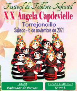 Cartel del XX Festival de Folclore Infantil 'Ángela Capdevielle' que llega mañana a Torrejoncillo (Cáceres)
