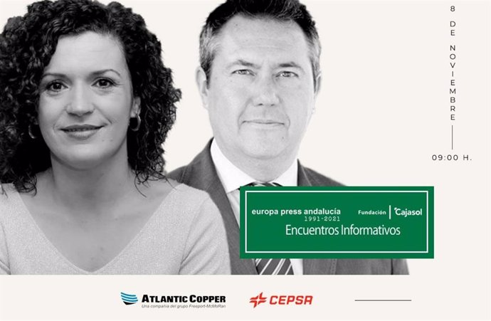 Cartel anunciador del encuentro informativo de Europa Press Andalucía con la presidenta de la Diputación de Huelva, María Eugenia Limón, presentada por el secretario general del PSOE-A, Juan Espadas, el 8 de noviembre en Huelva