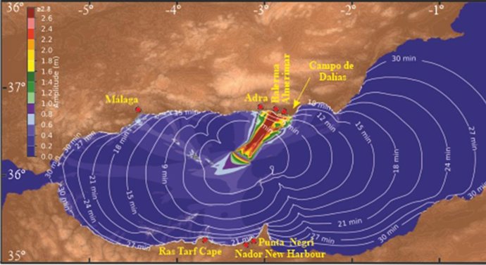 Archivo - Modelo de propagación del tsunami y áreas del litoral que se verían afectadas