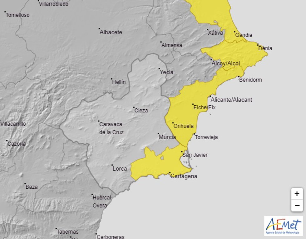 Mapa de avisos previsto este viernes en la Región