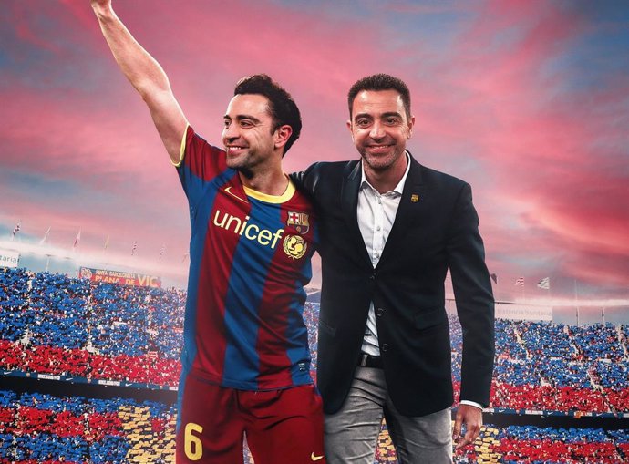 Montaje realizado por el FC Barcelona para dar la bienvenida al nuevo entrenador, Xavi Hernández, quien fue capitán del equipo en su etapa como jugador