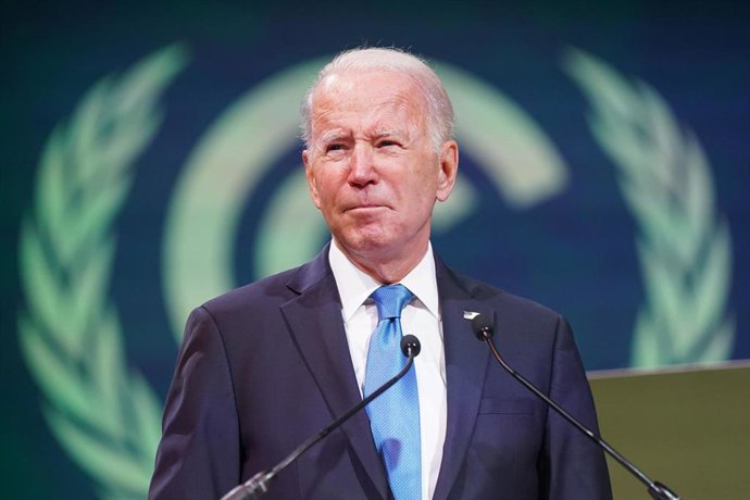 02 November 2021, United Kingdom, Glasgow: US President Joe Biden reacts at the Leaders' Action on Forests and Land-use event during the UN Climate Change Conference (COP26) at the Scottish Event Campus (SEC). Photo: Stefan Rousseau/PA Wire/dpa