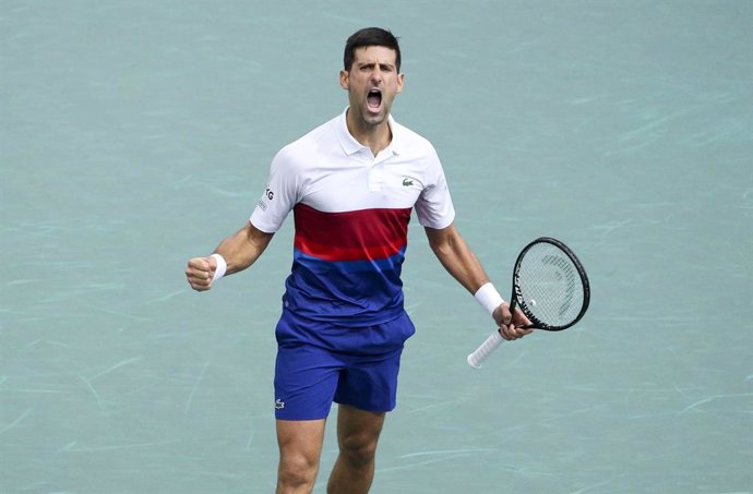 Novak Djokovic of Serbia celebrates a point during day 2 of the Rolex Paris Masters 2021, an ATP Masters 1000 tennis tournament on November 2, 2021 at Accor Arena in Paris, France - Photo Jean Catuffe / DPPI