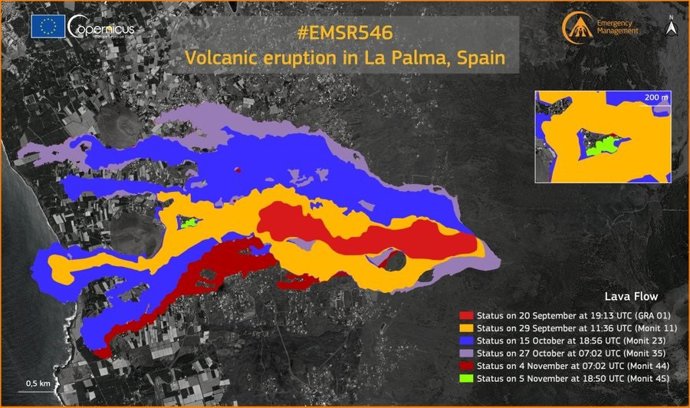 Copernicus actualiza el monitoreo en la zona del volcán, que afecta ya a 992,4 hectáreas y 2.719 edificaciones