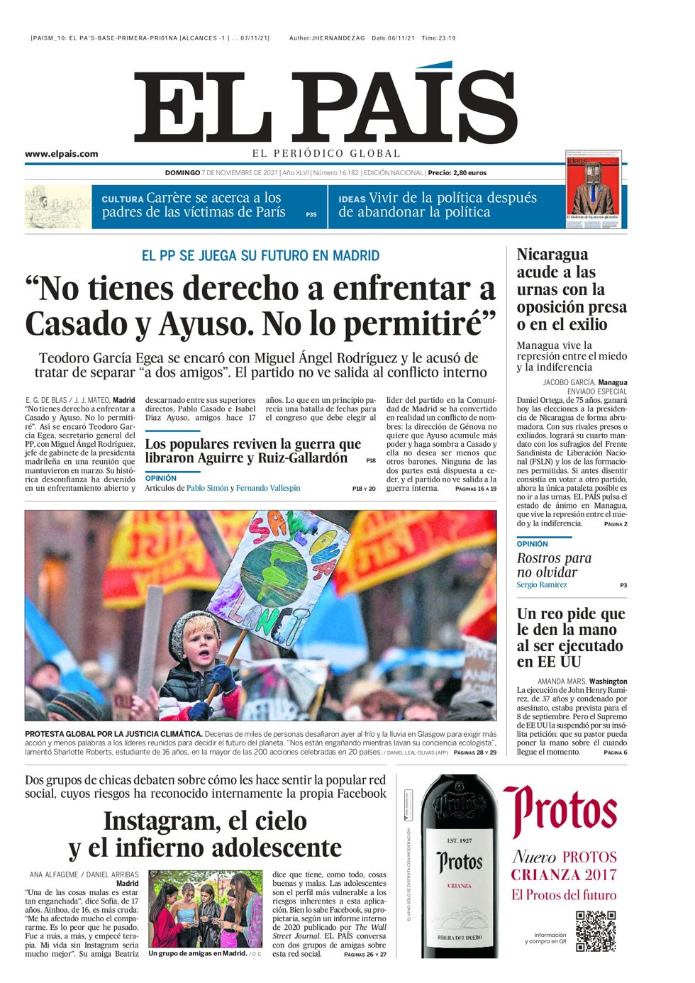 Portada El País, 7 de noviembre 2021