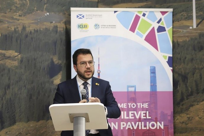 El presidente del Govern, Pere Aragons, interviene en una jornada de Regions4 en el marco de la COP26.