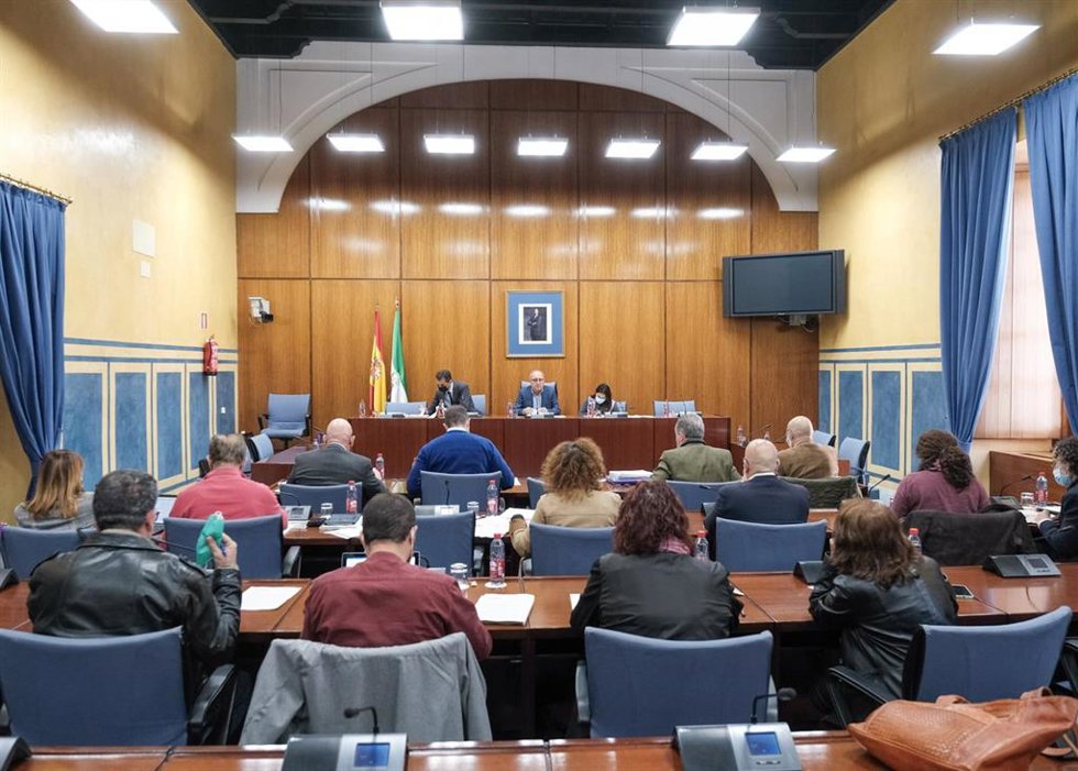 Imagen de este martes de la Comisión de Fomento durante el debate del dictamen del proyecto de Ley de Impulso para la Sostenibilidad del Territorio de Andalucía (Lista).