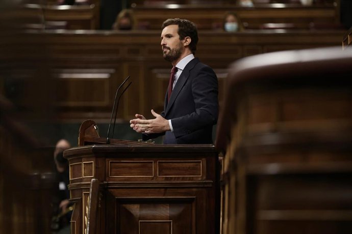 El líder del PP, Pablo Casado, interviene este miércoles en el Congreso.