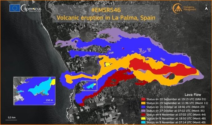 Copernicus actualiza el monitoreo en la zona del volcán, que afecta a 999,6 hectáreas y 2.605 edificaciones