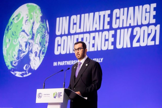 10 November 2021, United Kingdom, Glasgow: Sultan Ahmed al-Jaber, Minister of Industry of the United Arab Emirates, delivers a speech during a session at the UN Climate Change Conference COP26 in Glasgow. Photo: Christoph Soeder/dpa