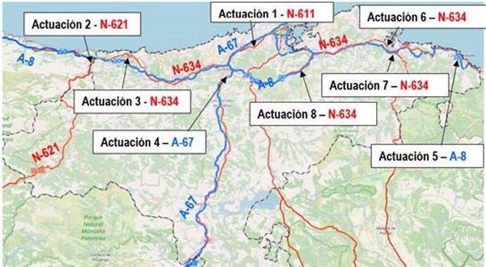 Mapa con las mejoras previstas por el Mitma en ocho puntos de carreteras del Estado en Cantabria